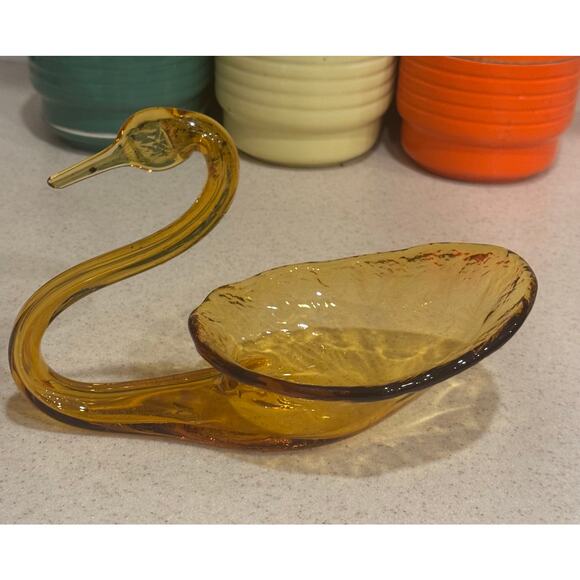 Vintage MCM Handblown Amber Glass Decorative Swan Dish - Picture 1 of 7